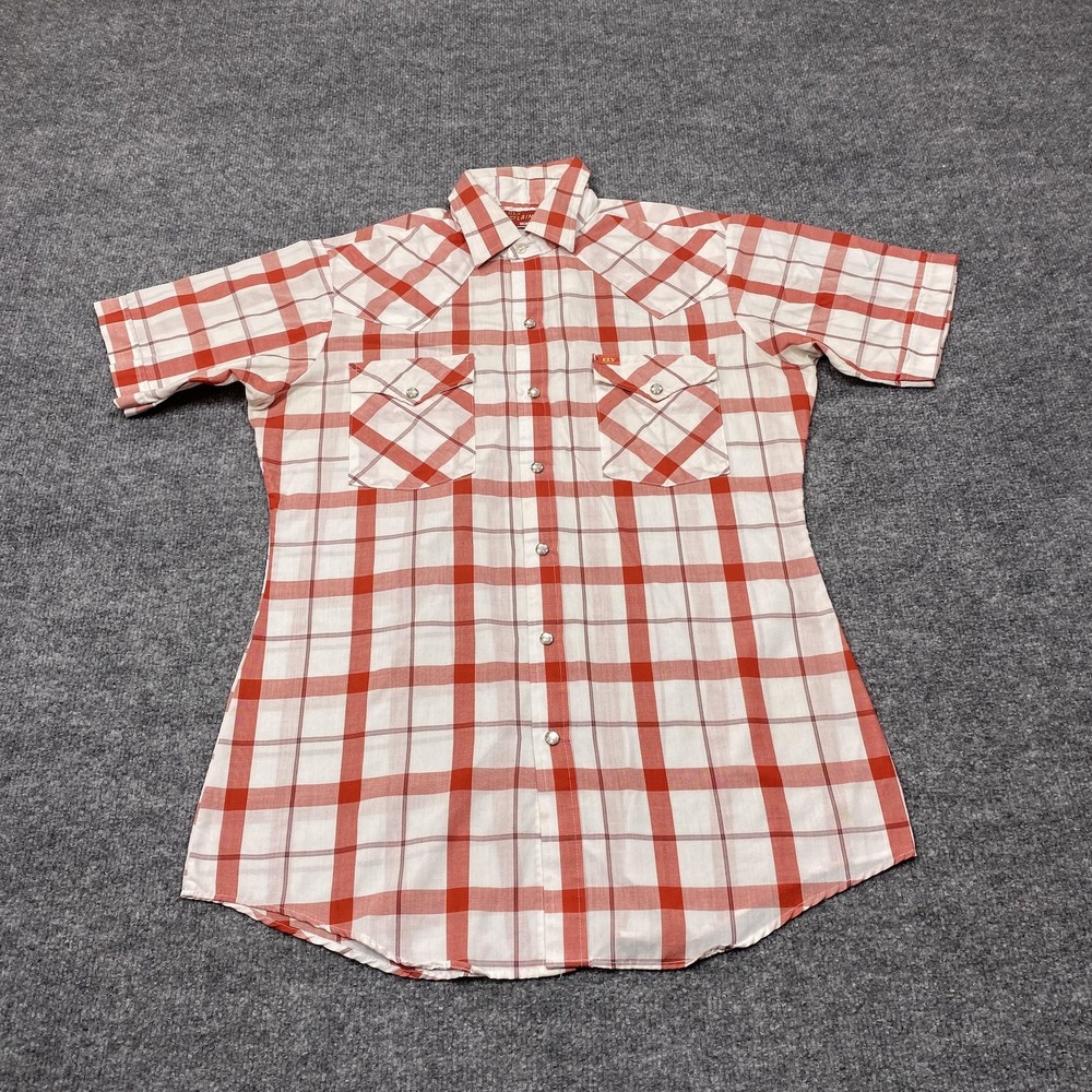 Ely Plains Shirt Mens Medium Red Plaid Short Sleeve Pearl Snap Western Cowboy